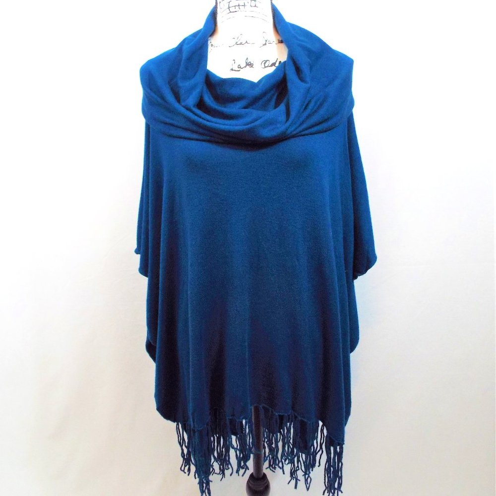 Lovestitch Cowl Neck Teal Poncho with Fringe One Size